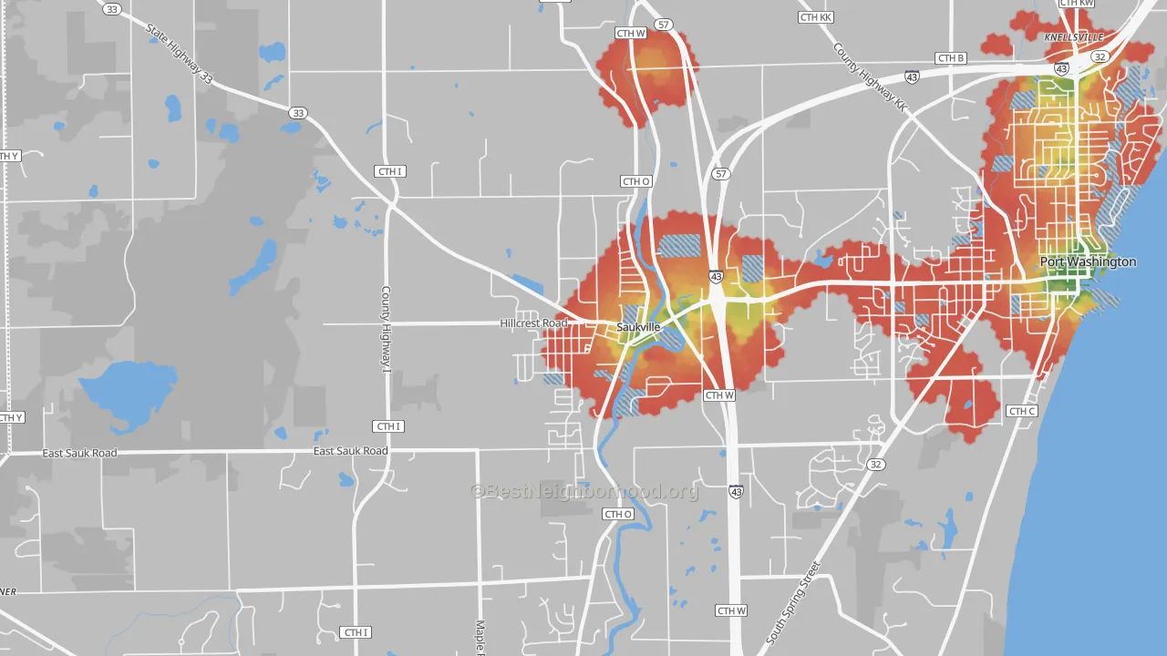 Walk Grade map of Saukville, WI, walkable areas in green and car-dependent areas in red