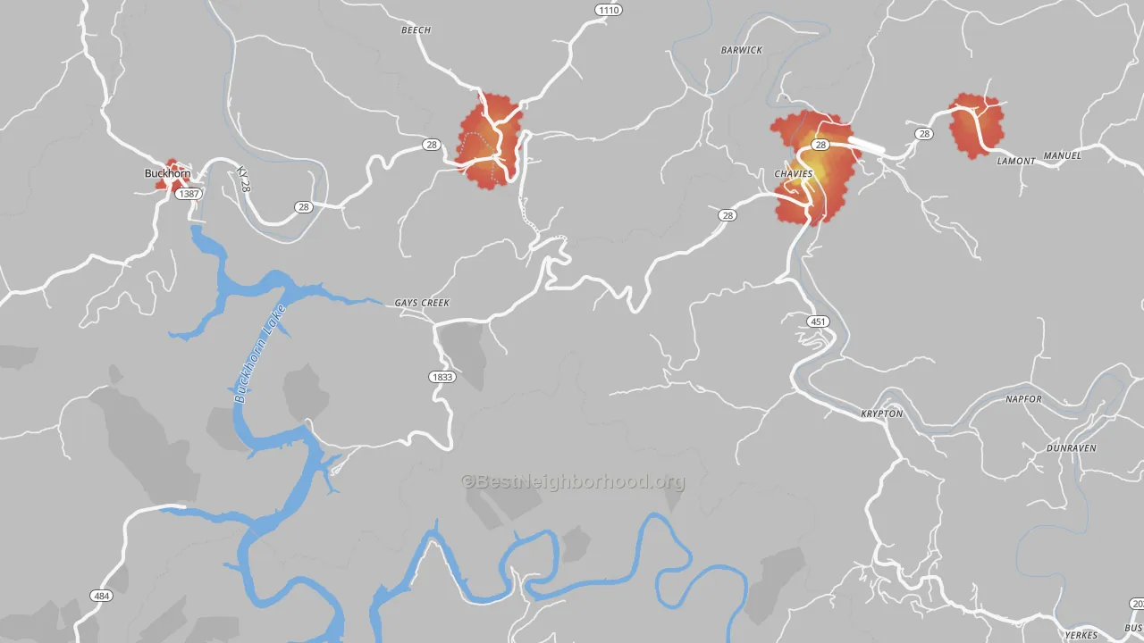 Walk Grade map of Saul, KY, walkable areas in green and car-dependent areas in red
