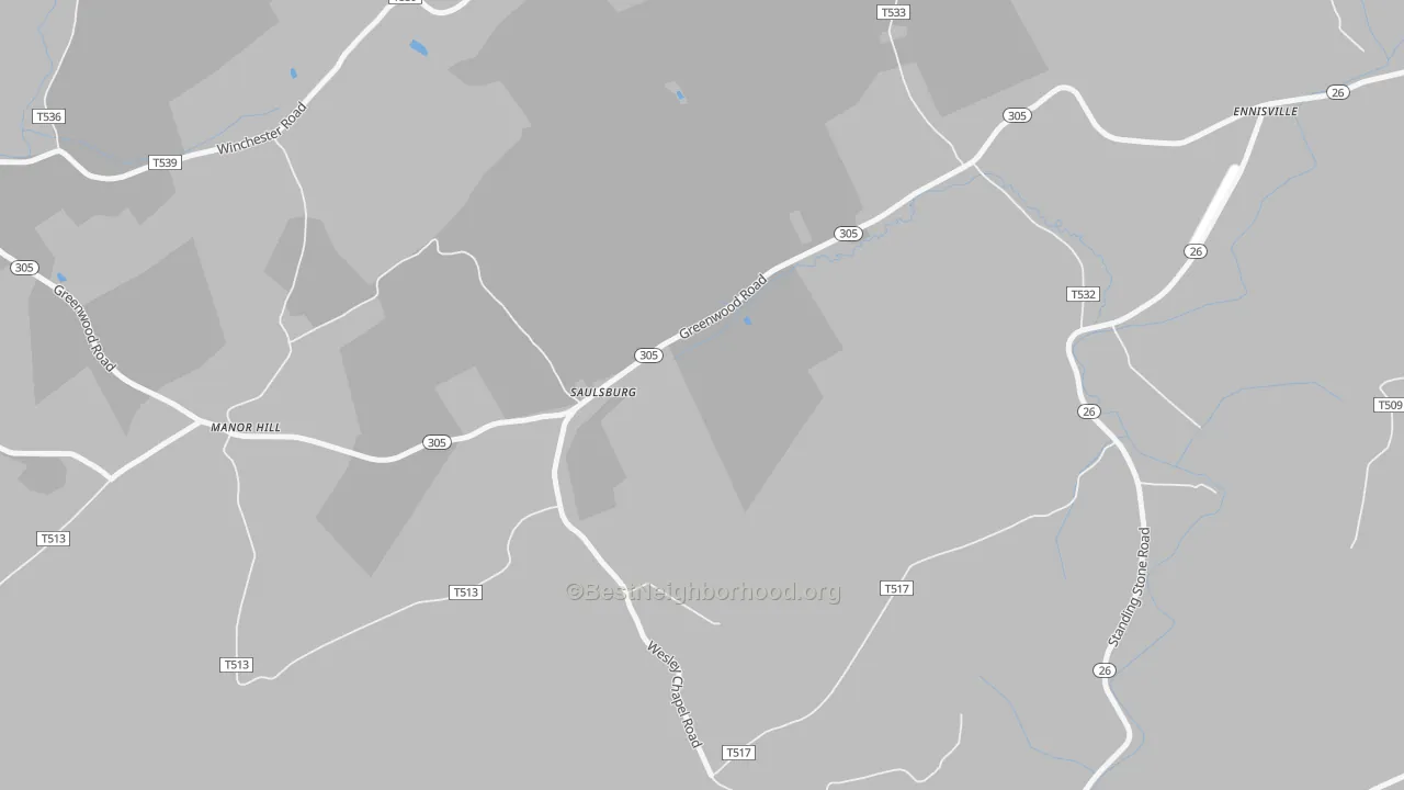 Walk Grade map of Saulsburg, PA, walkable areas in green and car-dependent areas in red