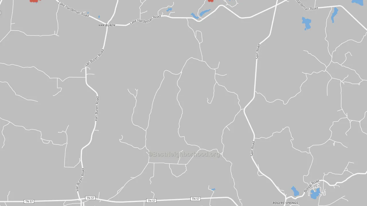 Walk Grade map of Saulsbury, TN, walkable areas in green and car-dependent areas in red
