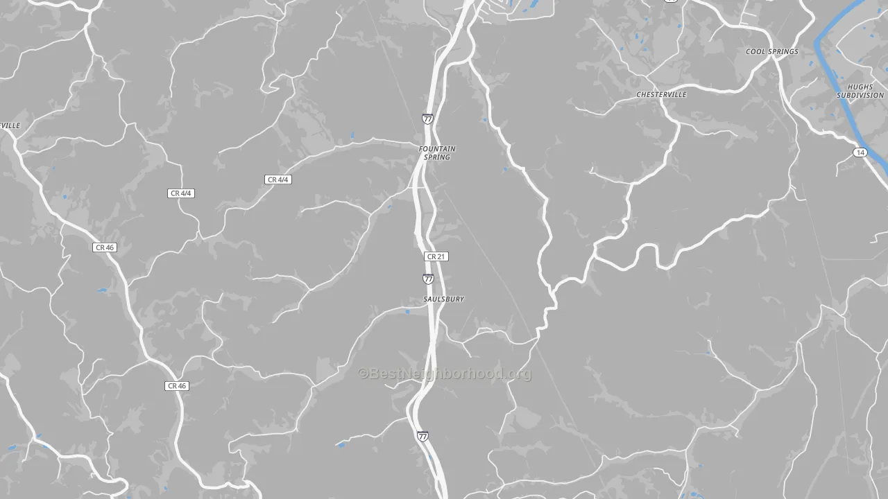 Walk Grade map of Saulsbury, WV, walkable areas in green and car-dependent areas in red