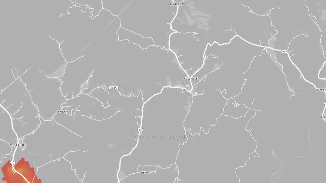 Walk Grade map of Saulsville, WV, walkable areas in green and car-dependent areas in red