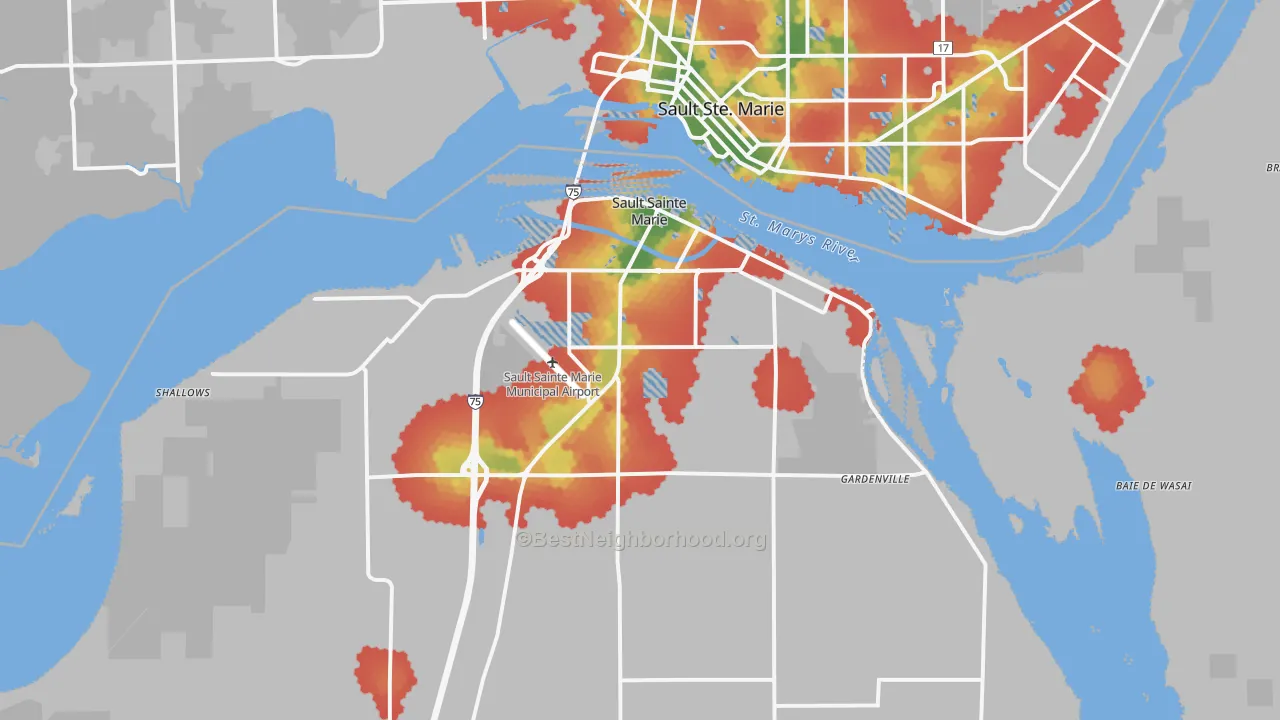 Walk Grade map of Sault Ste. Marie, MI, walkable areas in green and car-dependent areas in red
