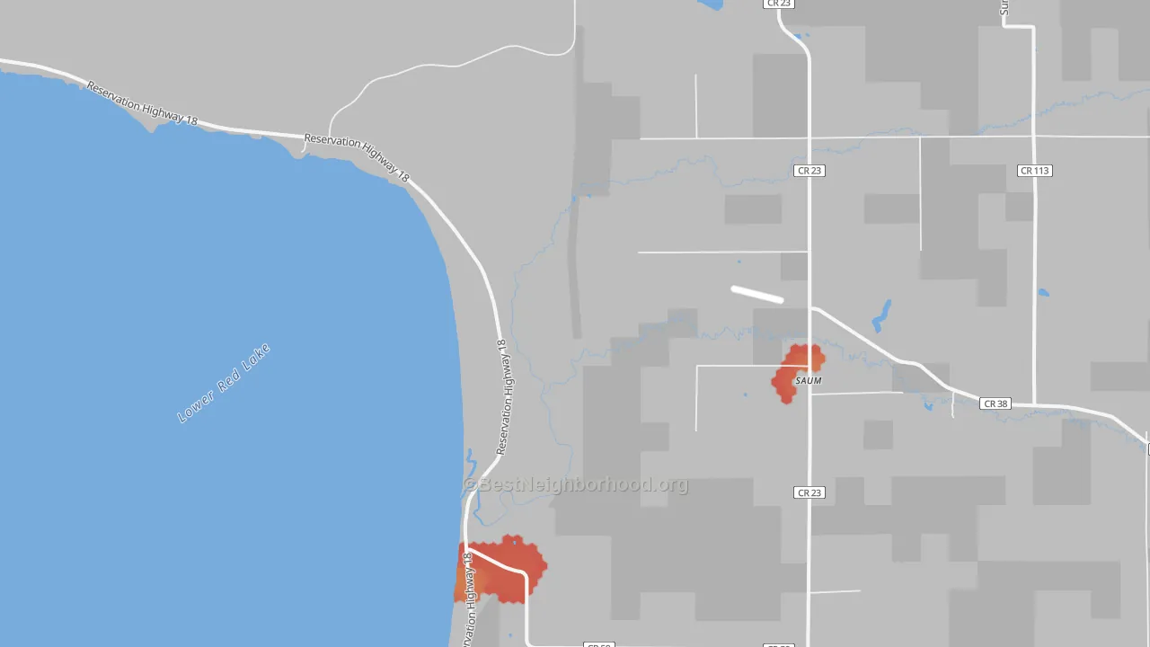 Walk Grade map of Saum, MN, walkable areas in green and car-dependent areas in red