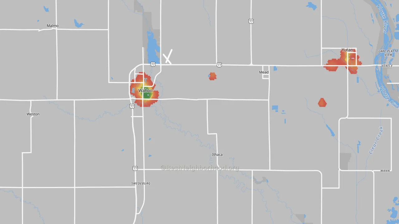 Walk Grade map of Saunders County, NE, walkable areas in green and car-dependent areas in red