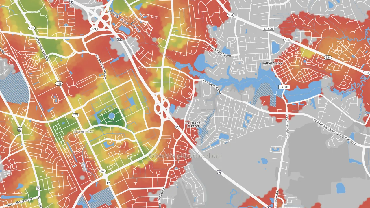Walk Grade map of Saunders, Newport News, VA, walkable areas in green and car-dependent areas in red