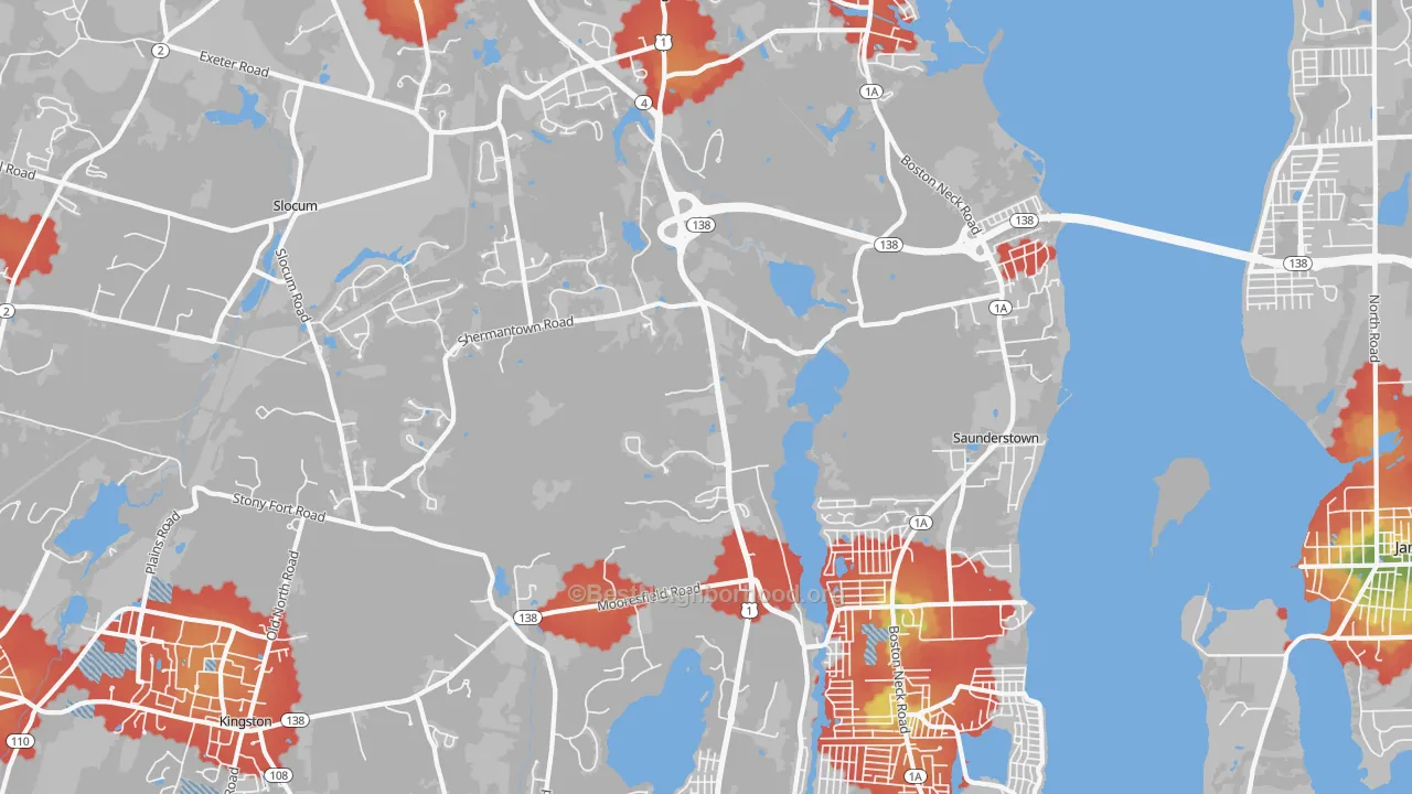 Walk Grade map of Saunderstown, RI, walkable areas in green and car-dependent areas in red