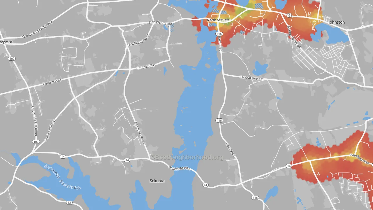 Walk Grade map of Saundersville, RI, walkable areas in green and car-dependent areas in red