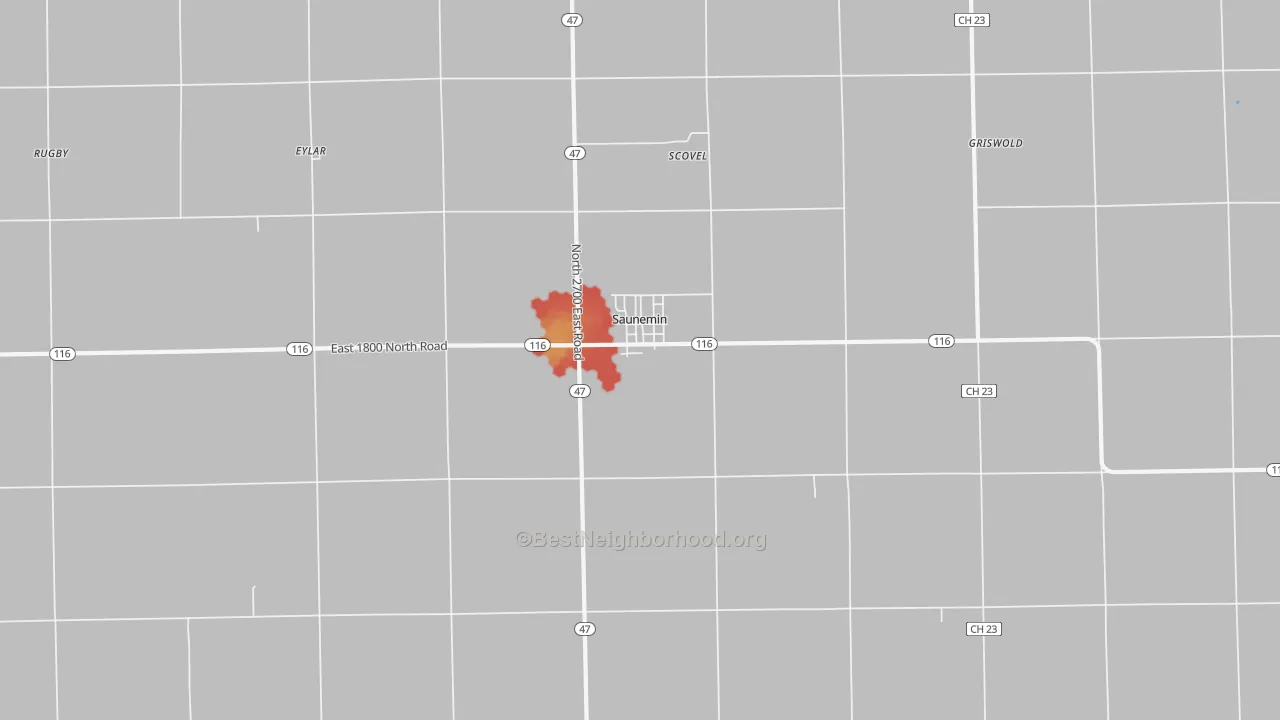 Walk Grade map of Saunemin, IL, walkable areas in green and car-dependent areas in red