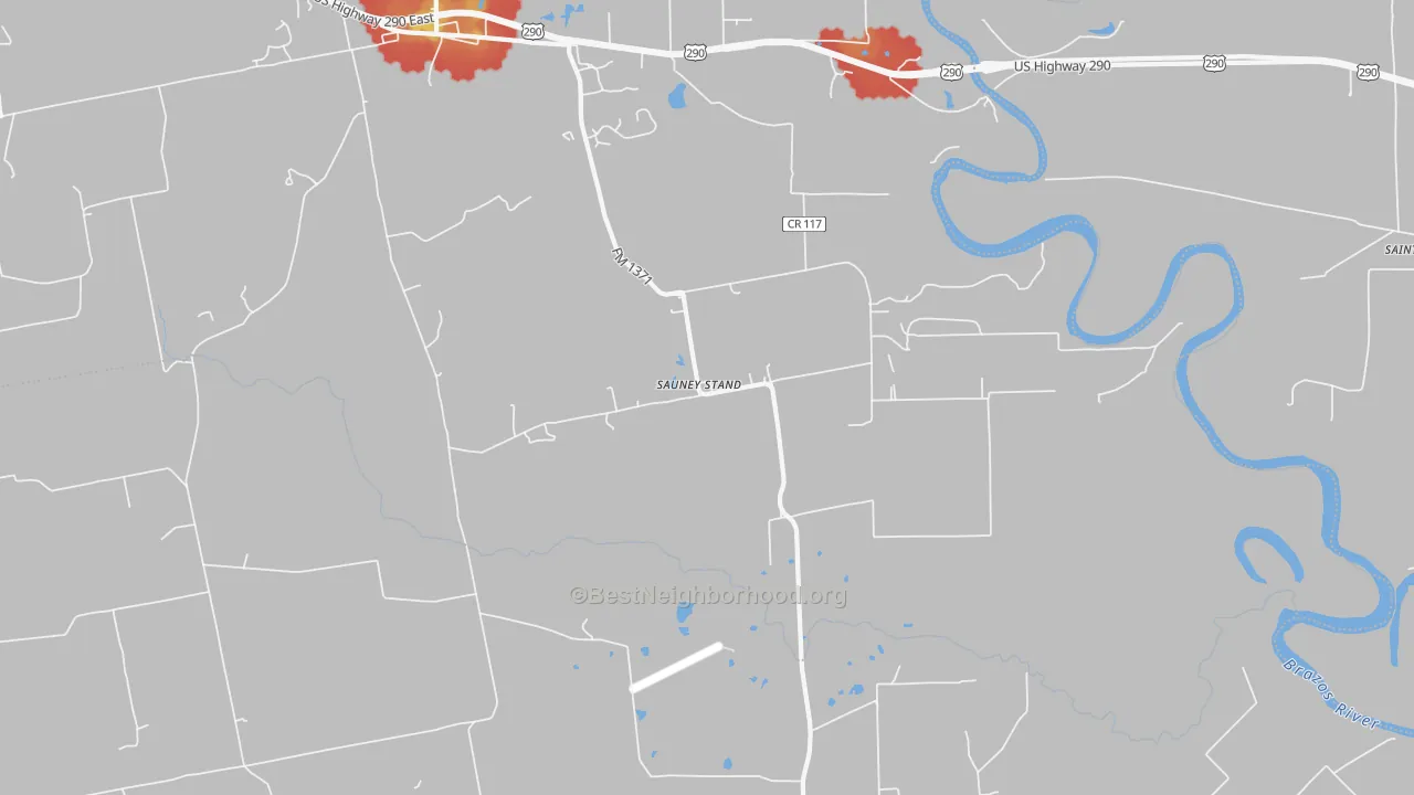 Walk Grade map of Sauney Stand, TX, walkable areas in green and car-dependent areas in red
