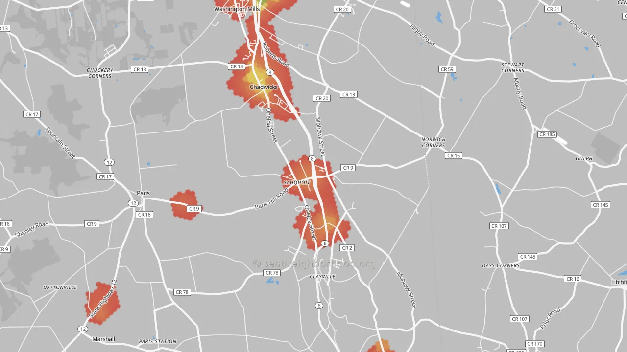 Walk Grade map of Sauquoit, NY, walkable areas in green and car-dependent areas in red