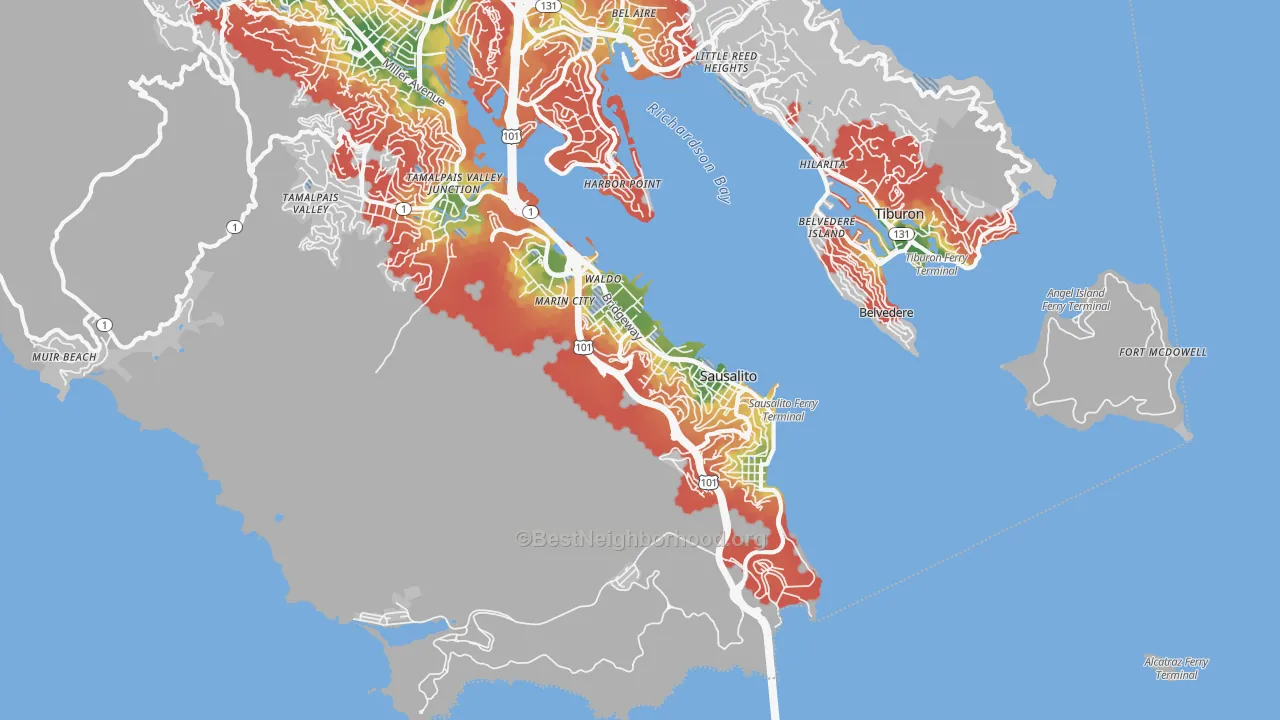 Walk Grade map of Sausalito, CA, walkable areas in green and car-dependent areas in red
