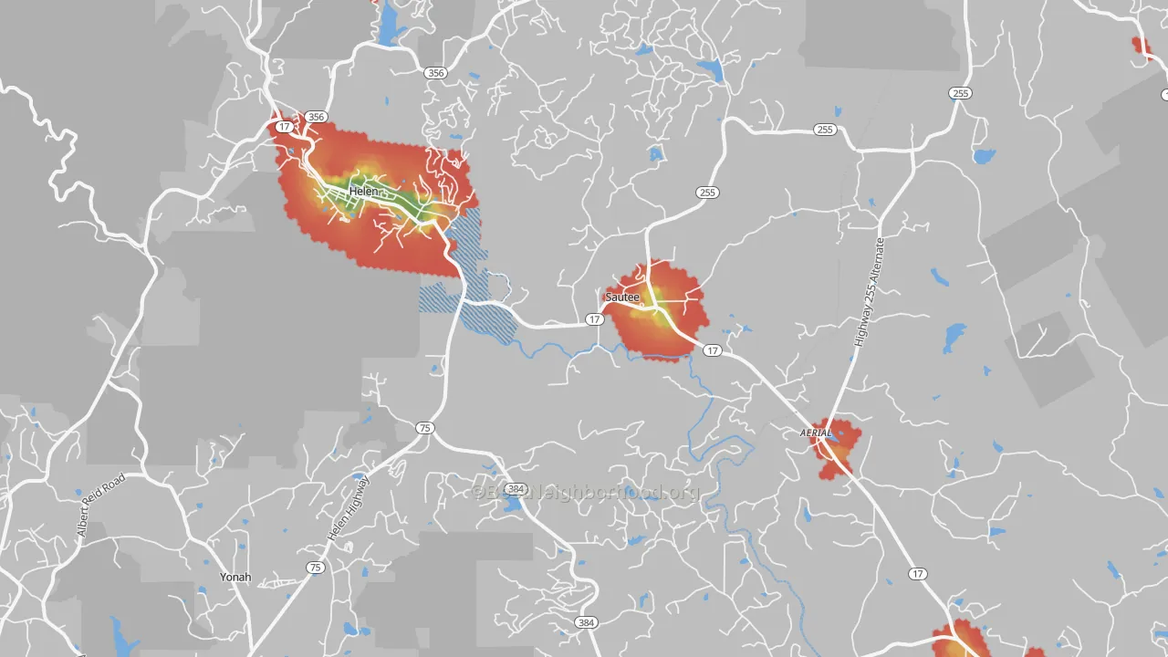 Walk Grade map of Sautee Nacoochee, GA, walkable areas in green and car-dependent areas in red