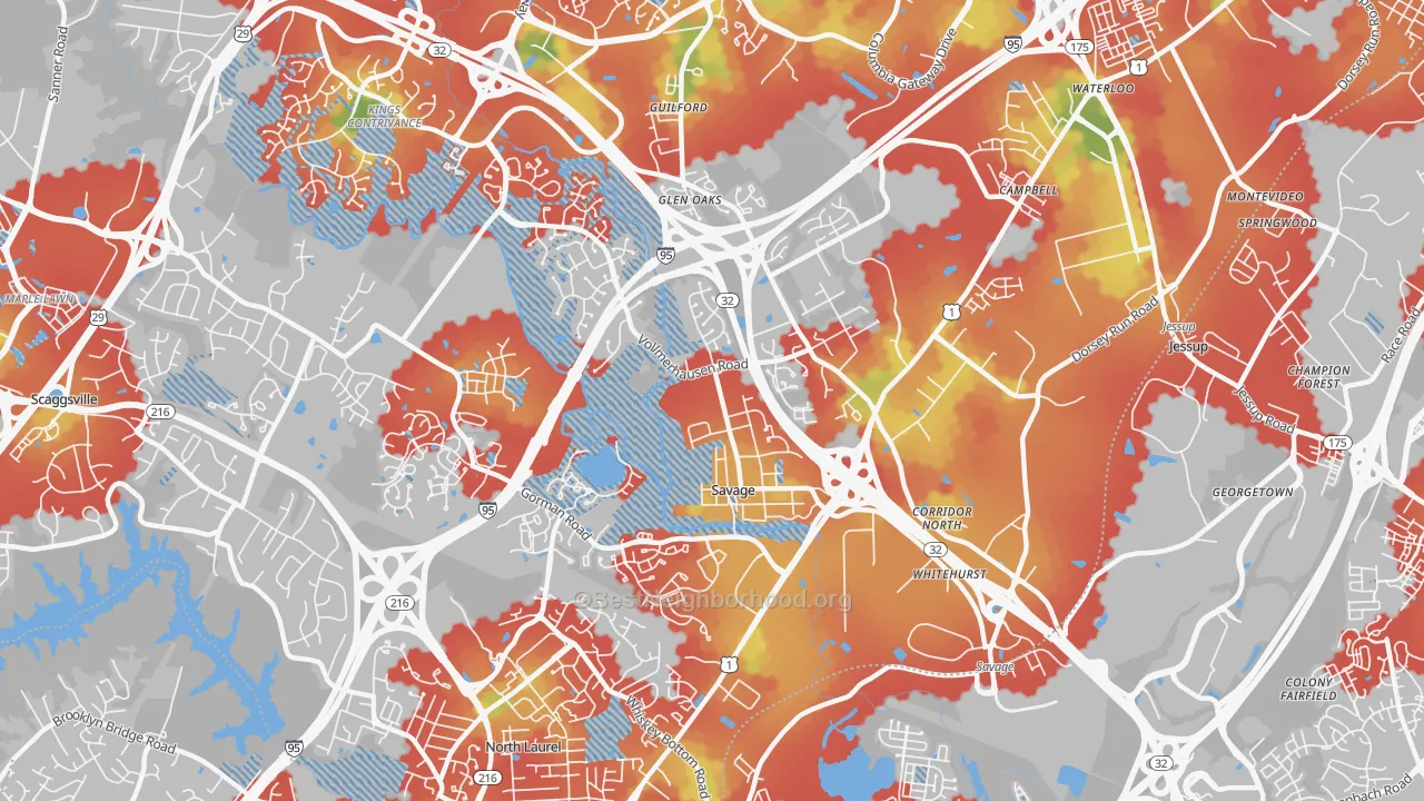 Walk Grade map of Savage-Guilford, Laurel, MD, walkable areas in green and car-dependent areas in red