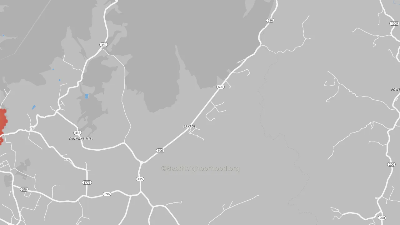 Walk Grade map of Savage, KY, walkable areas in green and car-dependent areas in red
