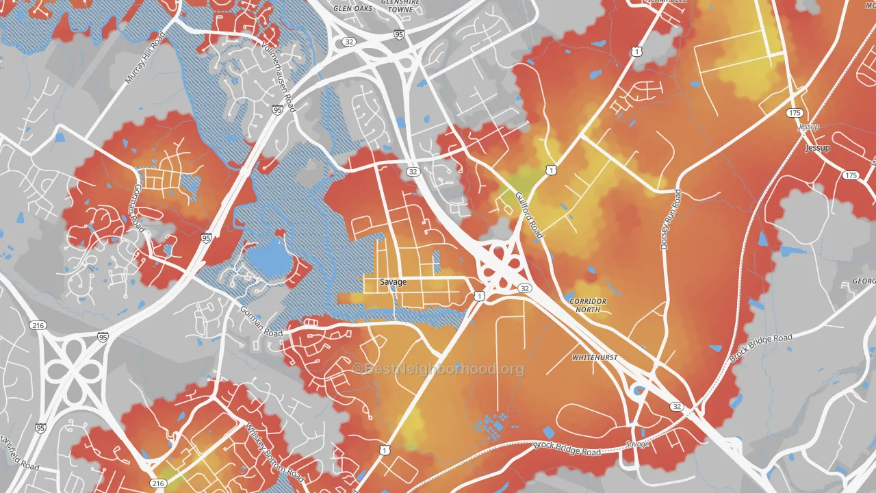 Walk Grade map of Savage, MD, walkable areas in green and car-dependent areas in red