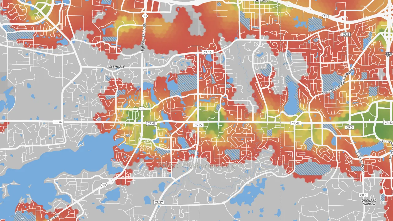 Walk Grade map of Savage, MN, walkable areas in green and car-dependent areas in red