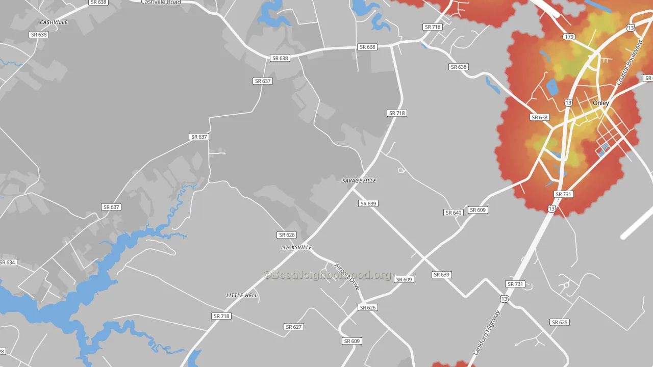 Walk Grade map of Savageville, VA, walkable areas in green and car-dependent areas in red