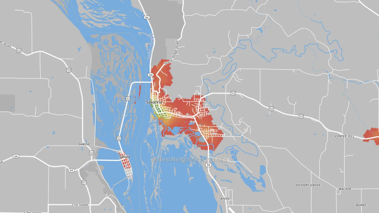 Walk Grade map of Savanna, IL, walkable areas in green and car-dependent areas in red