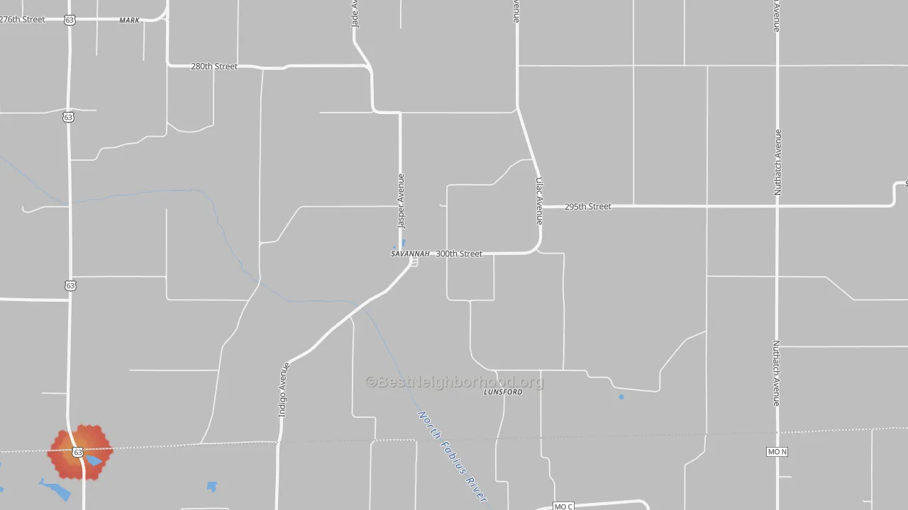 Walk Grade map of Savannah, IA, walkable areas in green and car-dependent areas in red