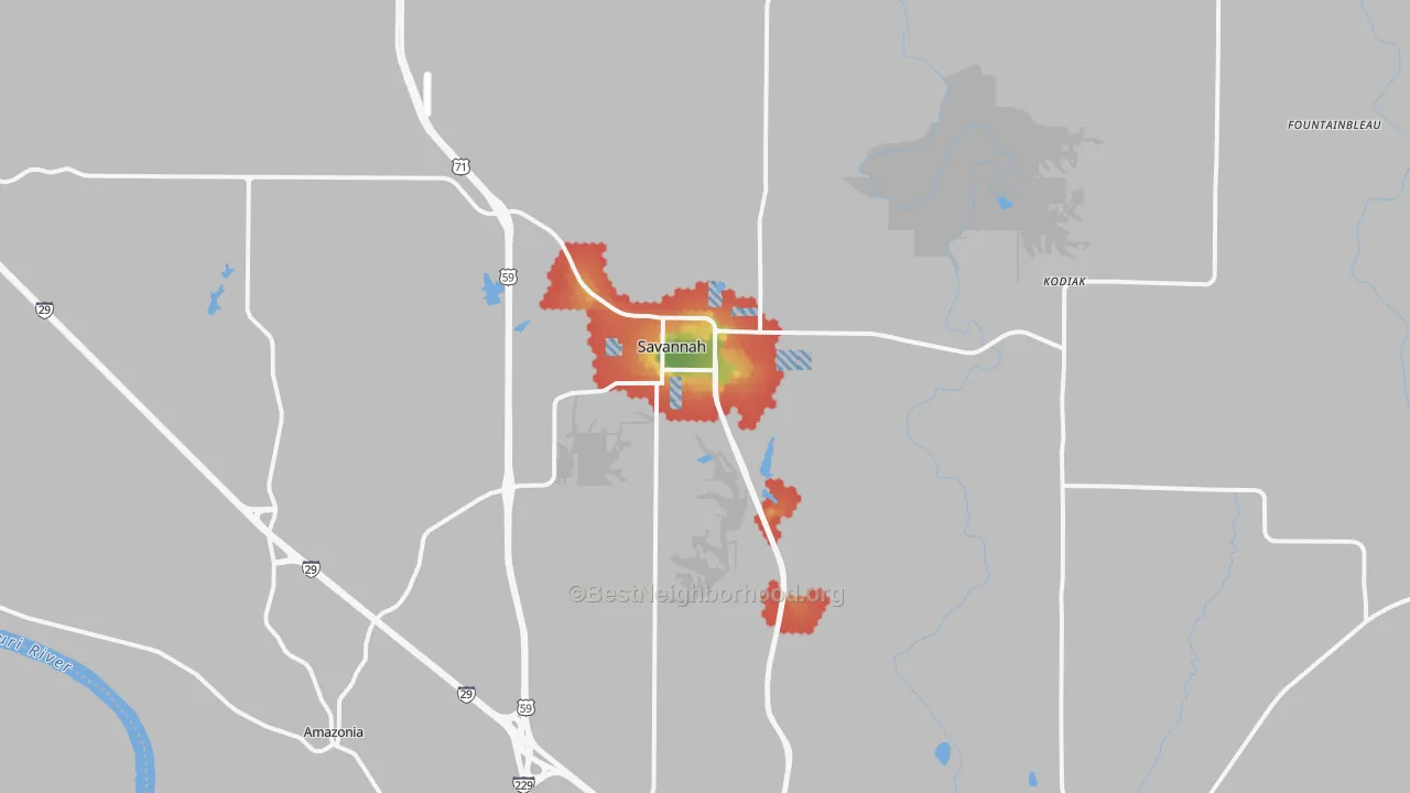 Walk Grade map of Savannah, MO, walkable areas in green and car-dependent areas in red