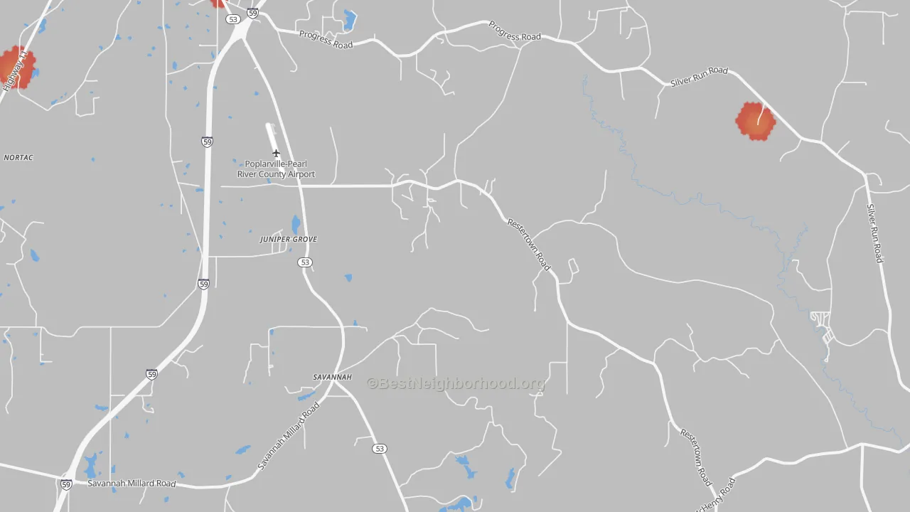 Walk Grade map of Savannah, MS, walkable areas in green and car-dependent areas in red