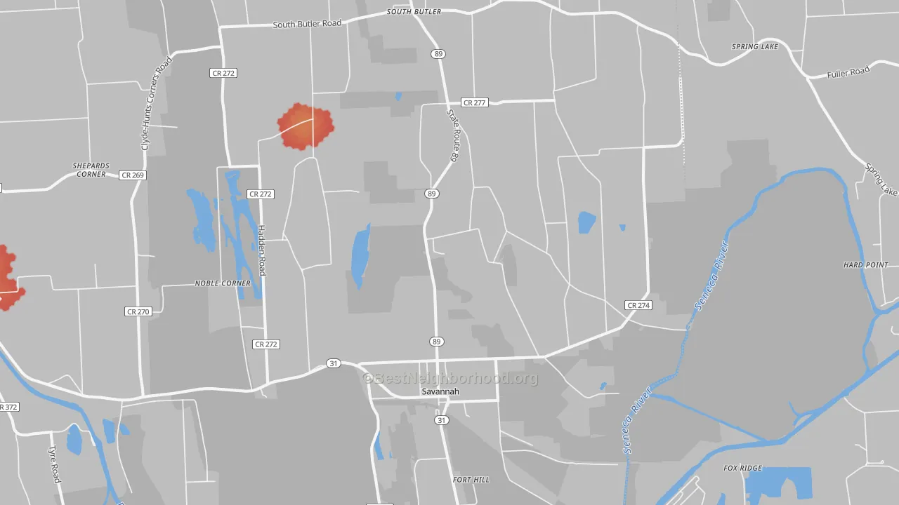 Walk Grade map of Savannah, NY, walkable areas in green and car-dependent areas in red