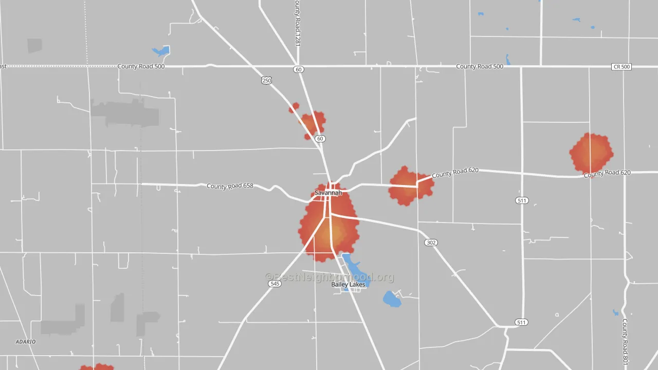 Walk Grade map of Savannah, OH, walkable areas in green and car-dependent areas in red