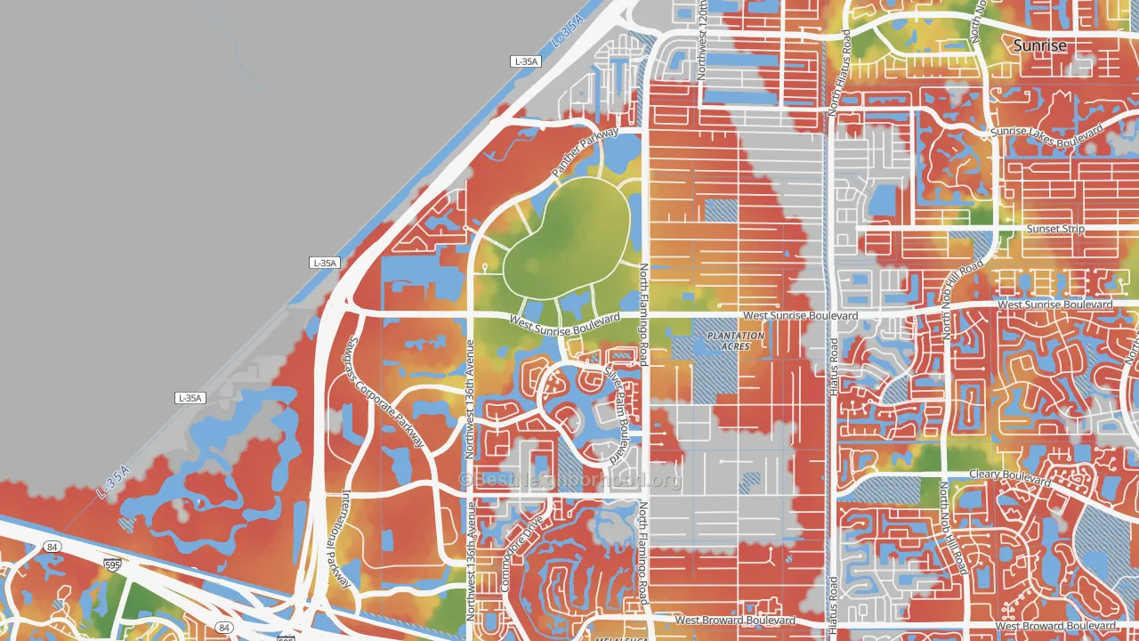 Walk Grade map of Savannah, Sunrise, FL, walkable areas in green and car-dependent areas in red