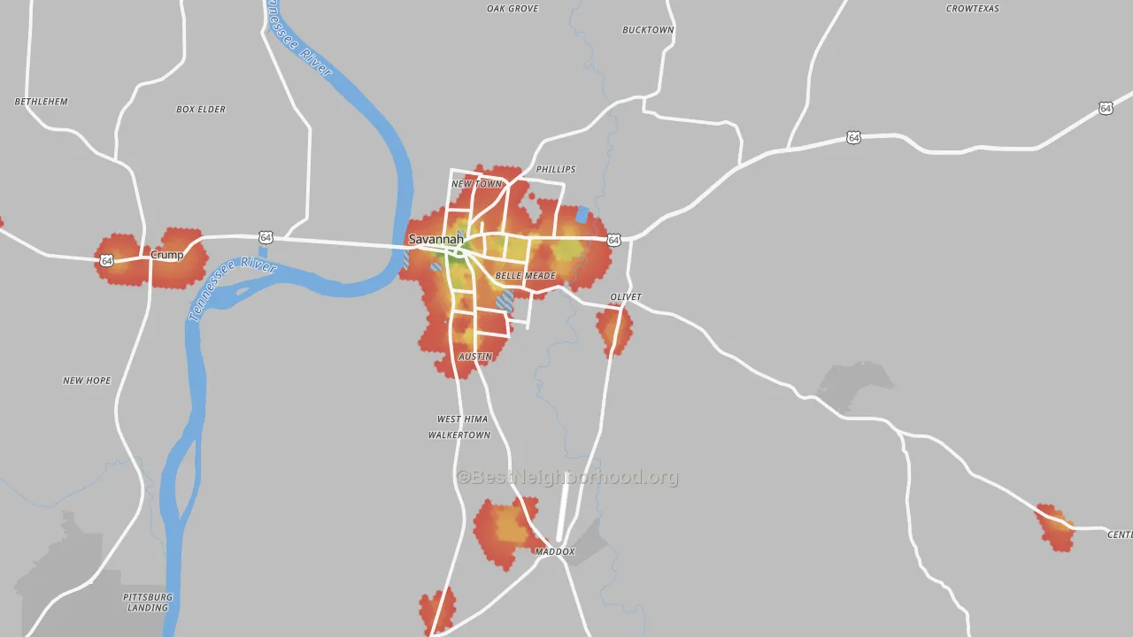 Walk Grade map of Savannah, TN, walkable areas in green and car-dependent areas in red