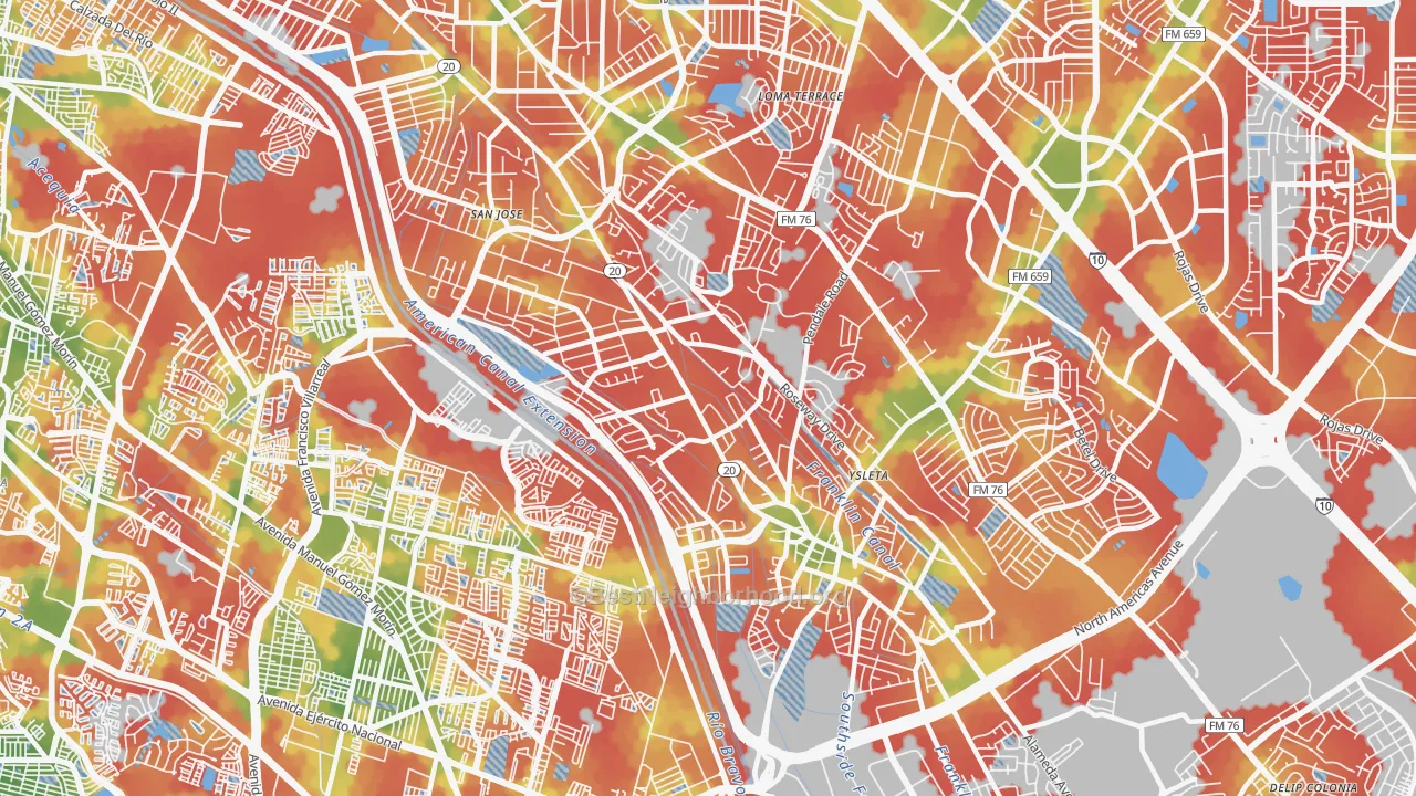 Walk Grade map of Save The Valley 21, El Paso, TX, walkable areas in green and car-dependent areas in red