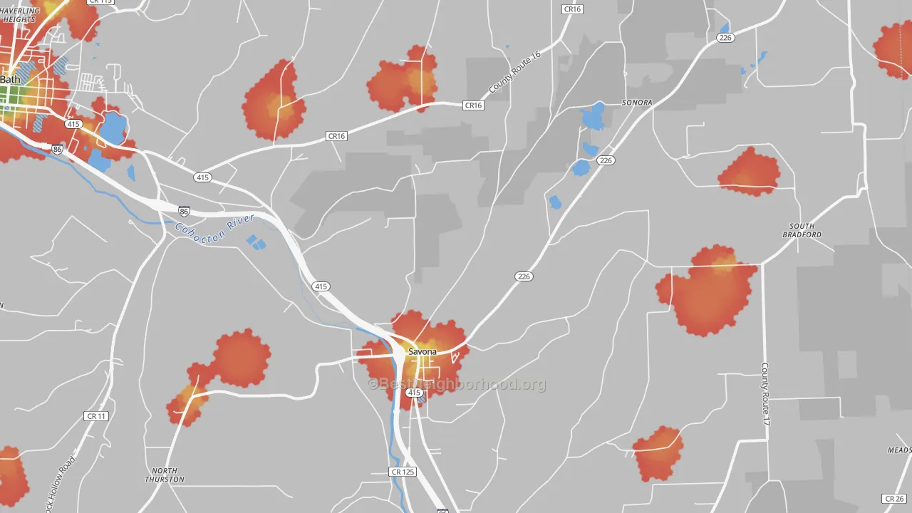 Walk Grade map of Savona, NY, walkable areas in green and car-dependent areas in red