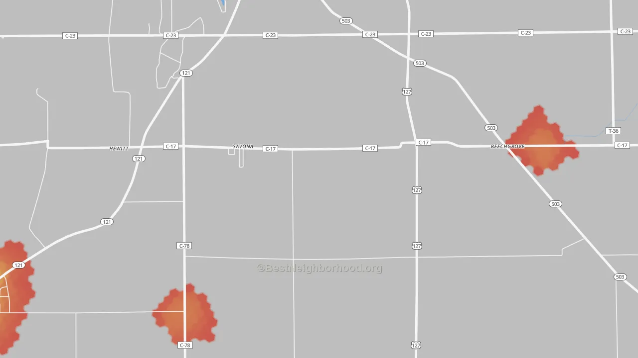 Walk Grade map of Savona, OH, walkable areas in green and car-dependent areas in red