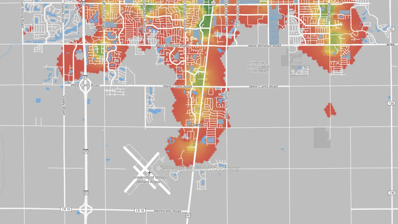 Walk Grade map of Savoy, IL, walkable areas in green and car-dependent areas in red