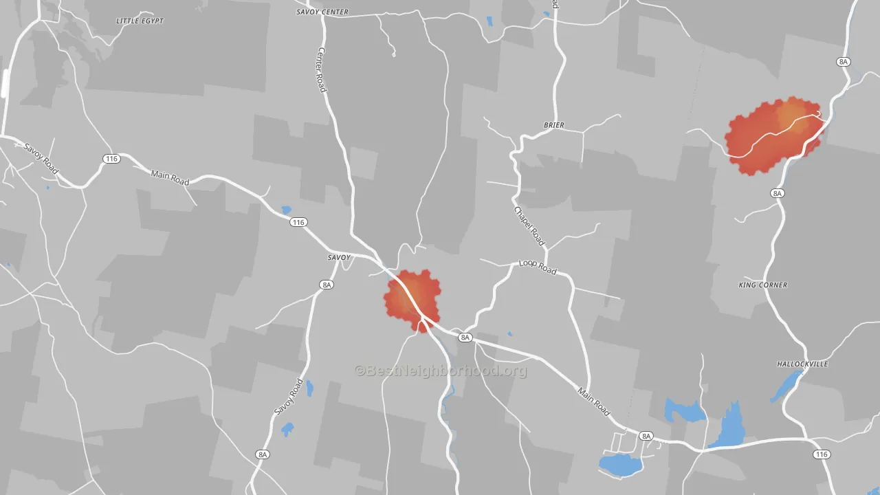 Walk Grade map of Savoy, MA, walkable areas in green and car-dependent areas in red