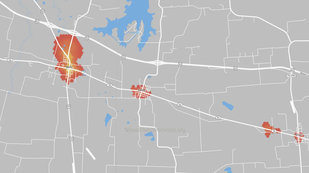 Walk Grade map of Savoy, TX, walkable areas in green and car-dependent areas in red