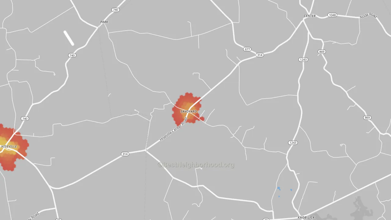 Walk Grade map of Savoyard, KY, walkable areas in green and car-dependent areas in red