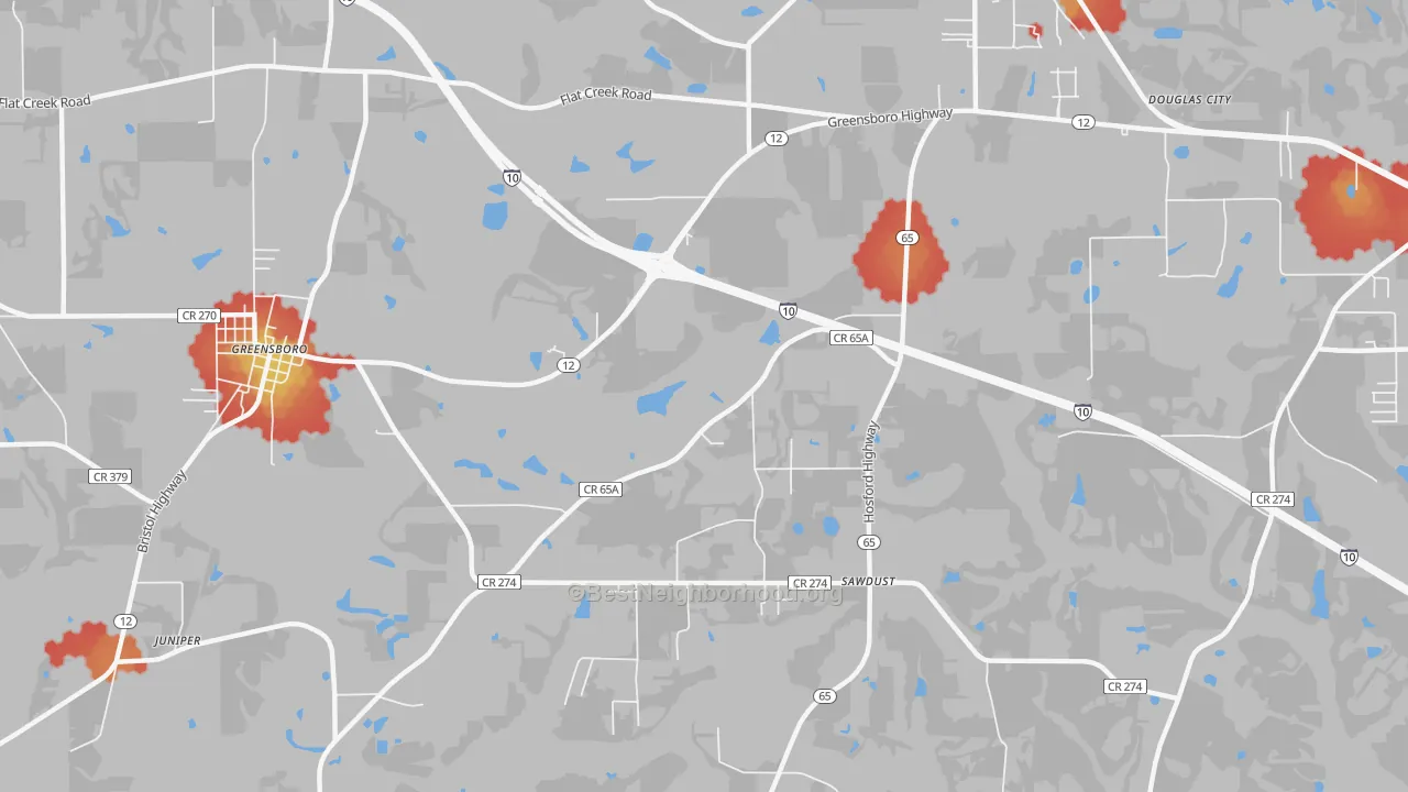 Walk Grade map of Sawdust, FL, walkable areas in green and car-dependent areas in red