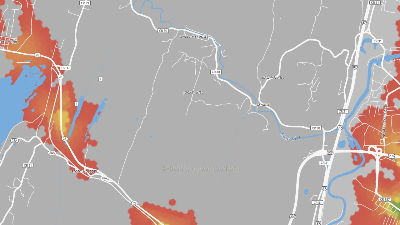 Walk Grade map of Sawkill, NY, walkable areas in green and car-dependent areas in red