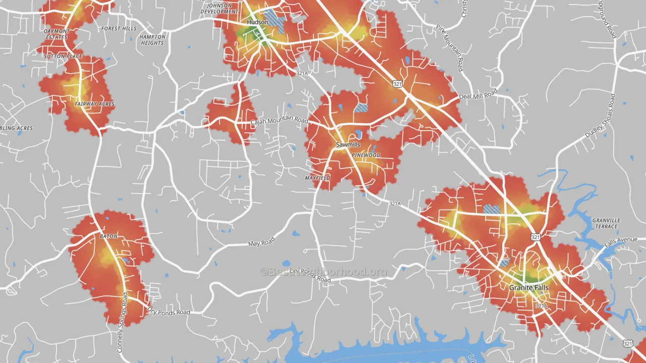 Walk Grade map of Sawmills, NC, walkable areas in green and car-dependent areas in red