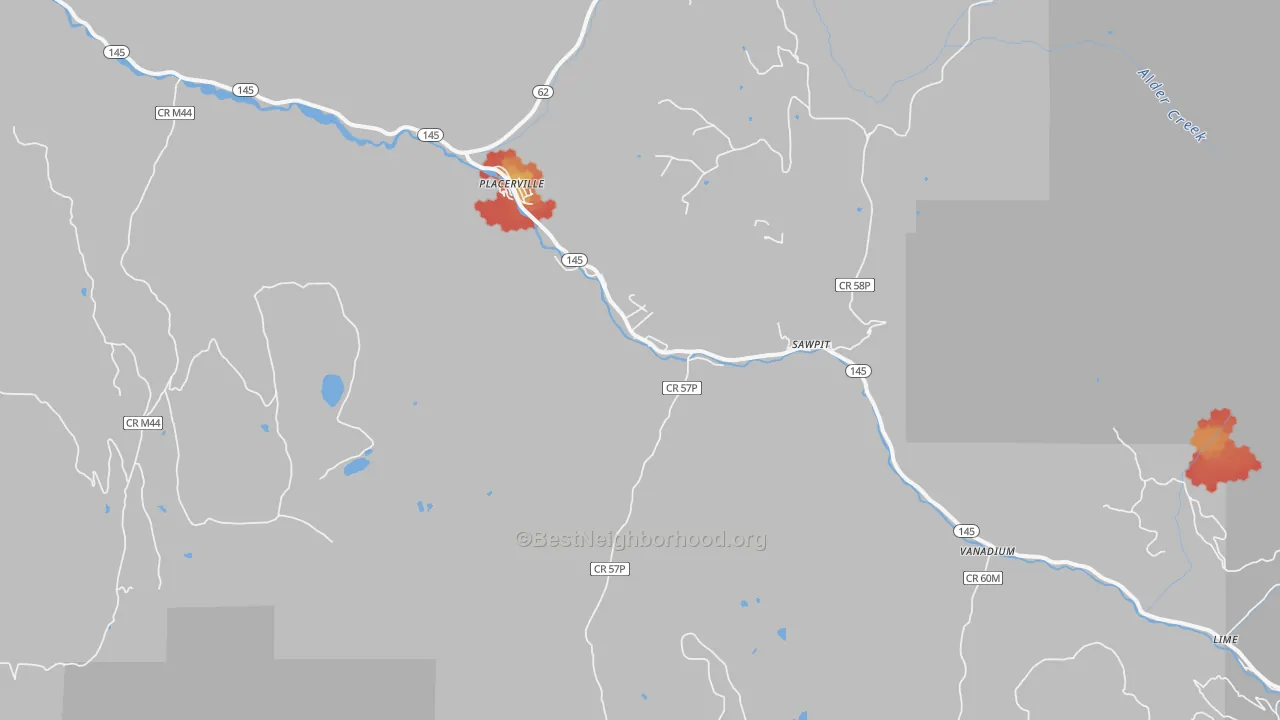 Walk Grade map of Sawpit, CO, walkable areas in green and car-dependent areas in red