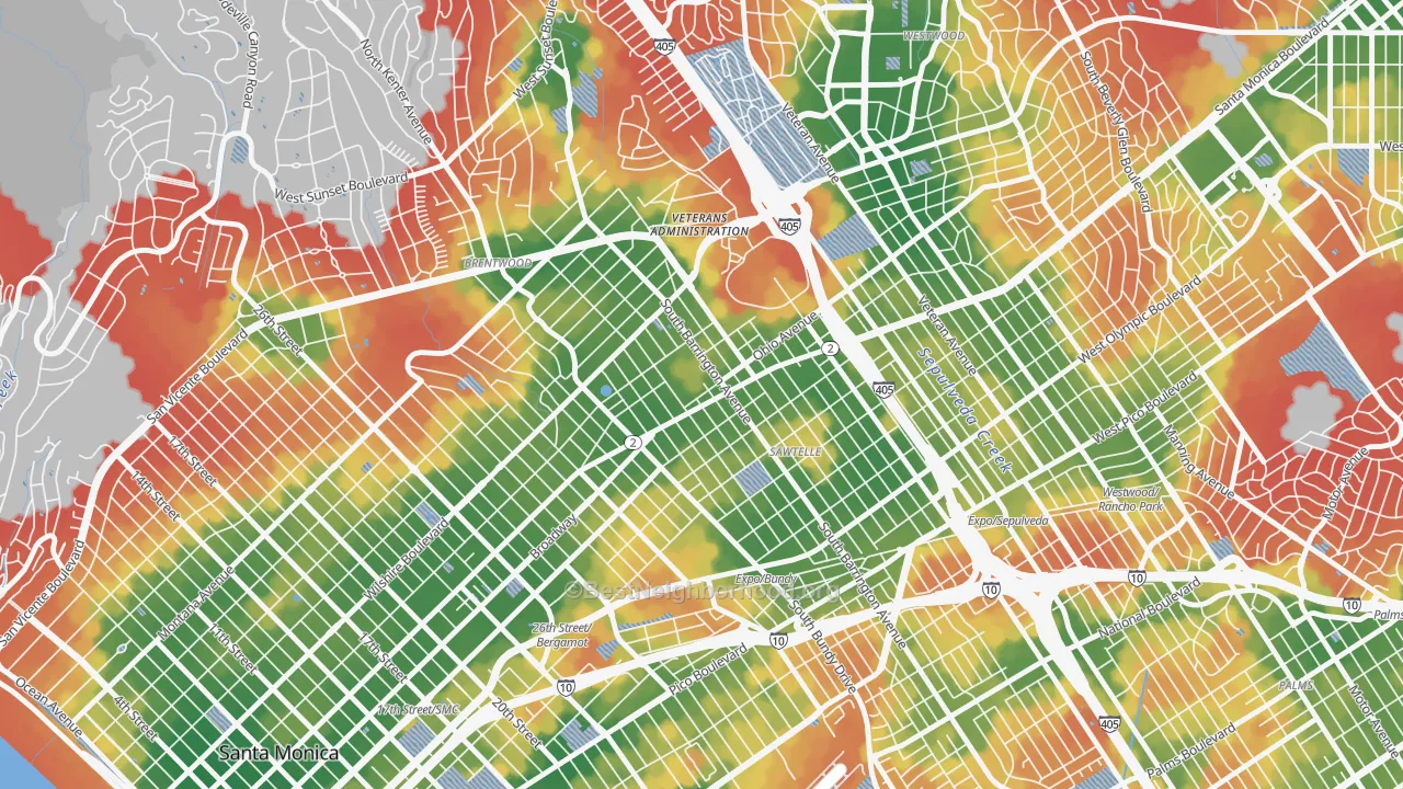 Walk Grade map of Sawtelle, Los Angeles, CA, walkable areas in green and car-dependent areas in red