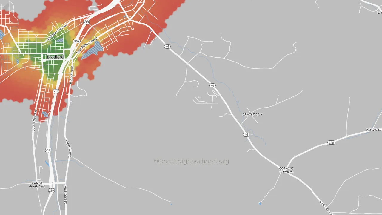Walk Grade map of Sawyer City, PA, walkable areas in green and car-dependent areas in red