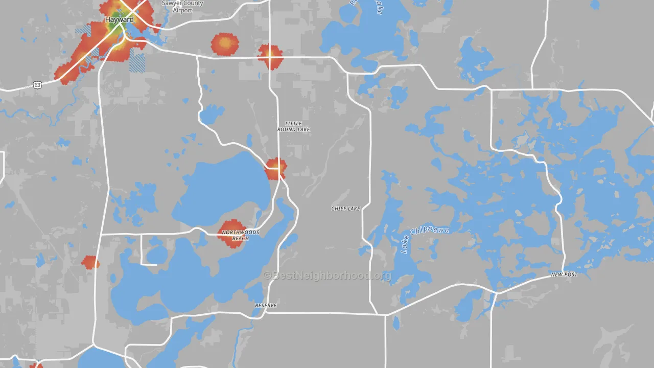 Walk Grade map of Sawyer County, WI, walkable areas in green and car-dependent areas in red