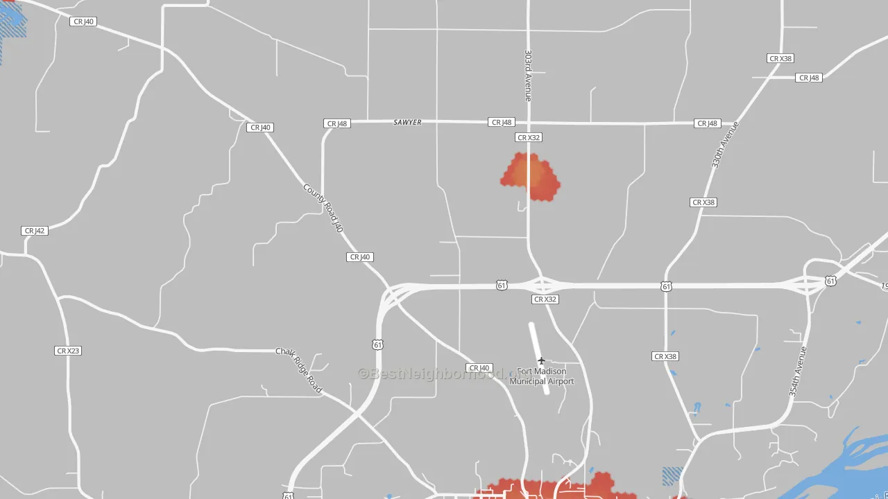 Walk Grade map of Sawyer, IA, walkable areas in green and car-dependent areas in red