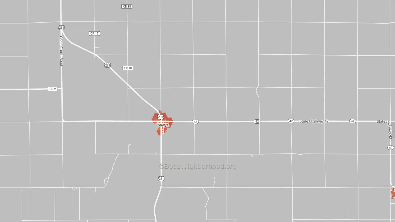 Walk Grade map of Sawyer, KS, walkable areas in green and car-dependent areas in red
