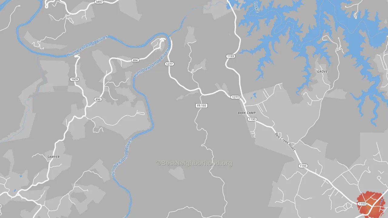 Walk Grade map of Sawyer, KY, walkable areas in green and car-dependent areas in red
