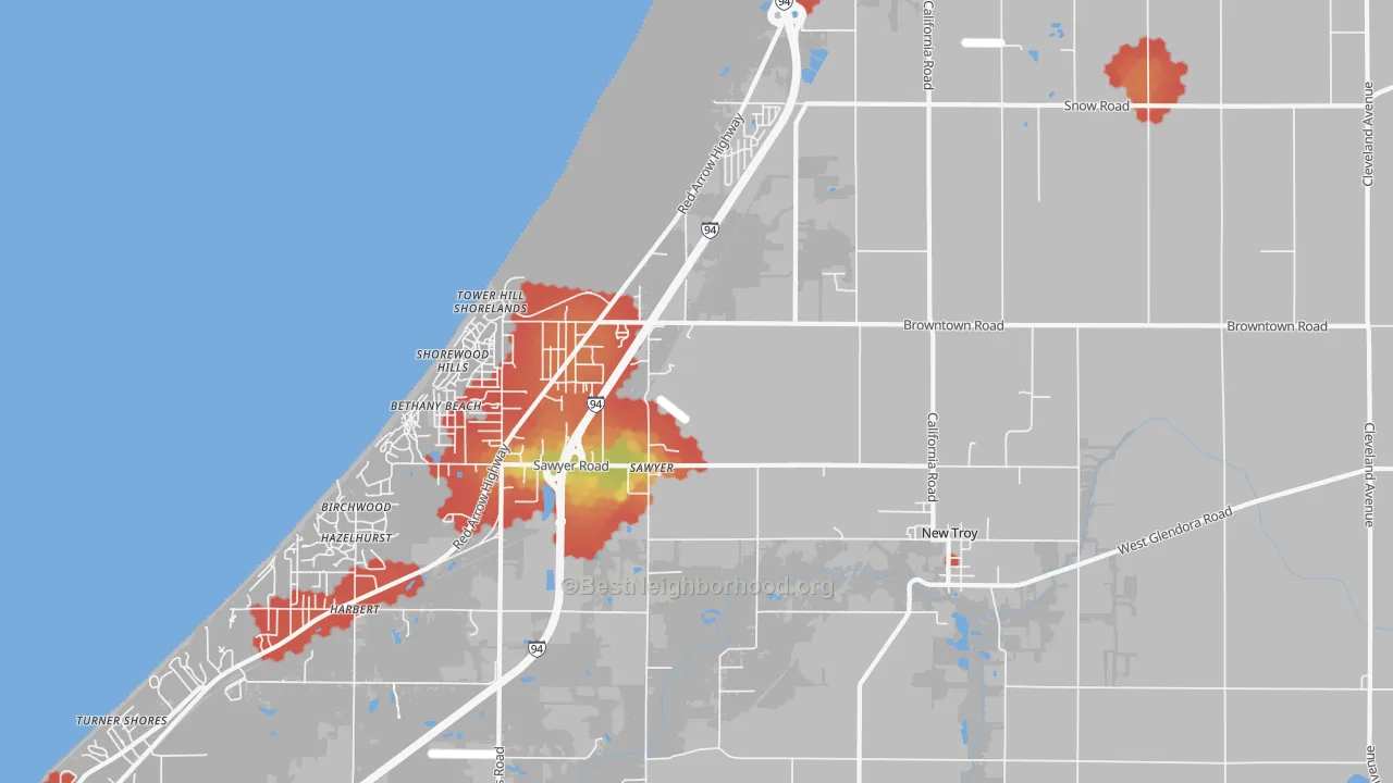Walk Grade map of Sawyer, MI, walkable areas in green and car-dependent areas in red