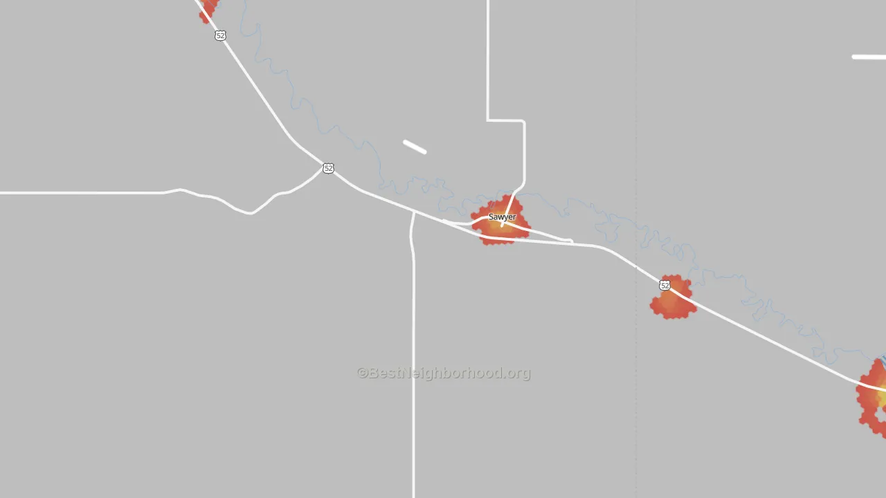 Walk Grade map of Sawyer, ND, walkable areas in green and car-dependent areas in red