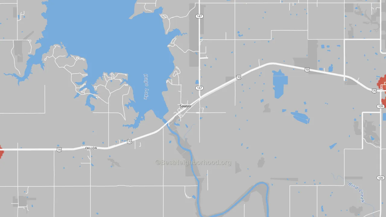 Walk Grade map of Sawyer, OK, walkable areas in green and car-dependent areas in red